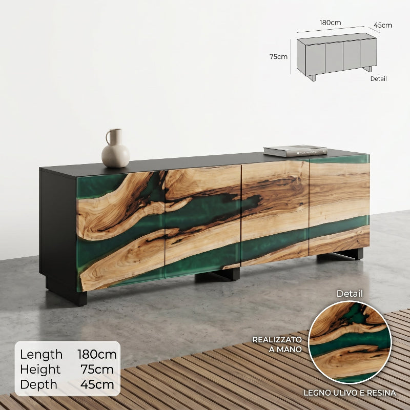 Mobile in legno di ulivo massello e resina verde con dettagli delle venature, dimensioni 180x75x45 cm, realizzato a mano