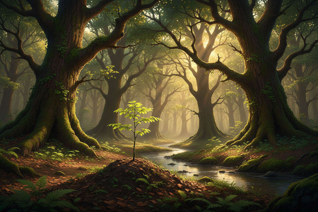 Illustrazione concettuale di una foresta rigogliosa illuminata dal sole con un giovane germoglio al centro, che simboleggia l'impegno del nostro brand verso l'artigianato eco-sostenibile e il rispetto della natura.