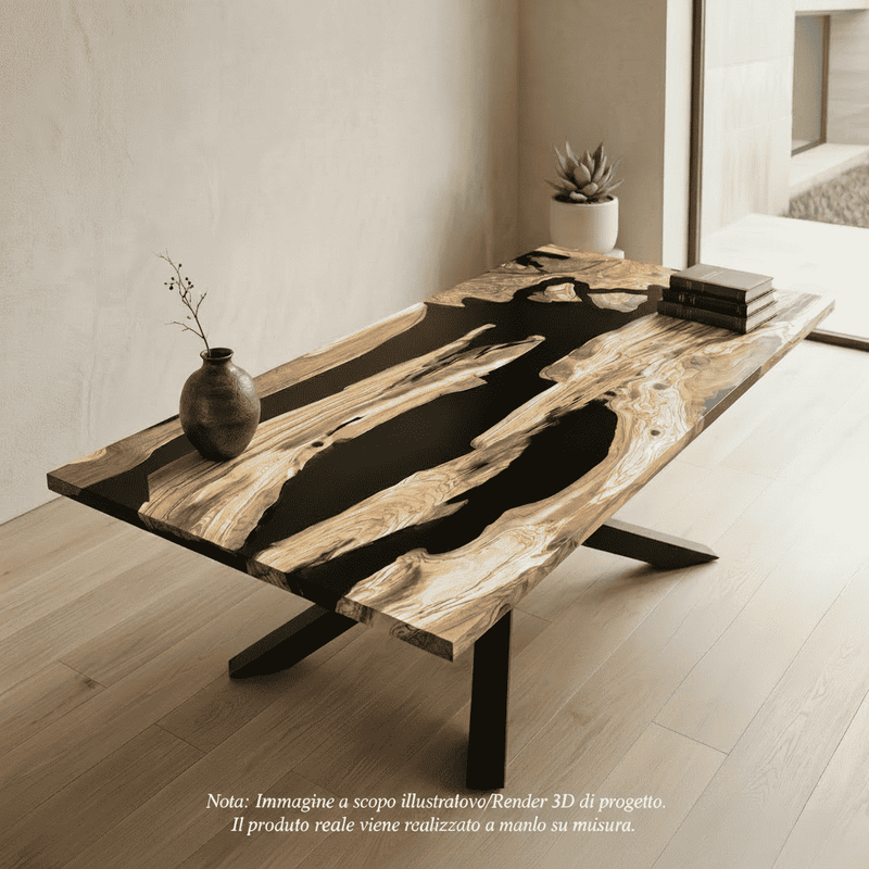 Tavolo river table artigianale in legno d'ulivo e resina epossidica nera realizzato a Roma