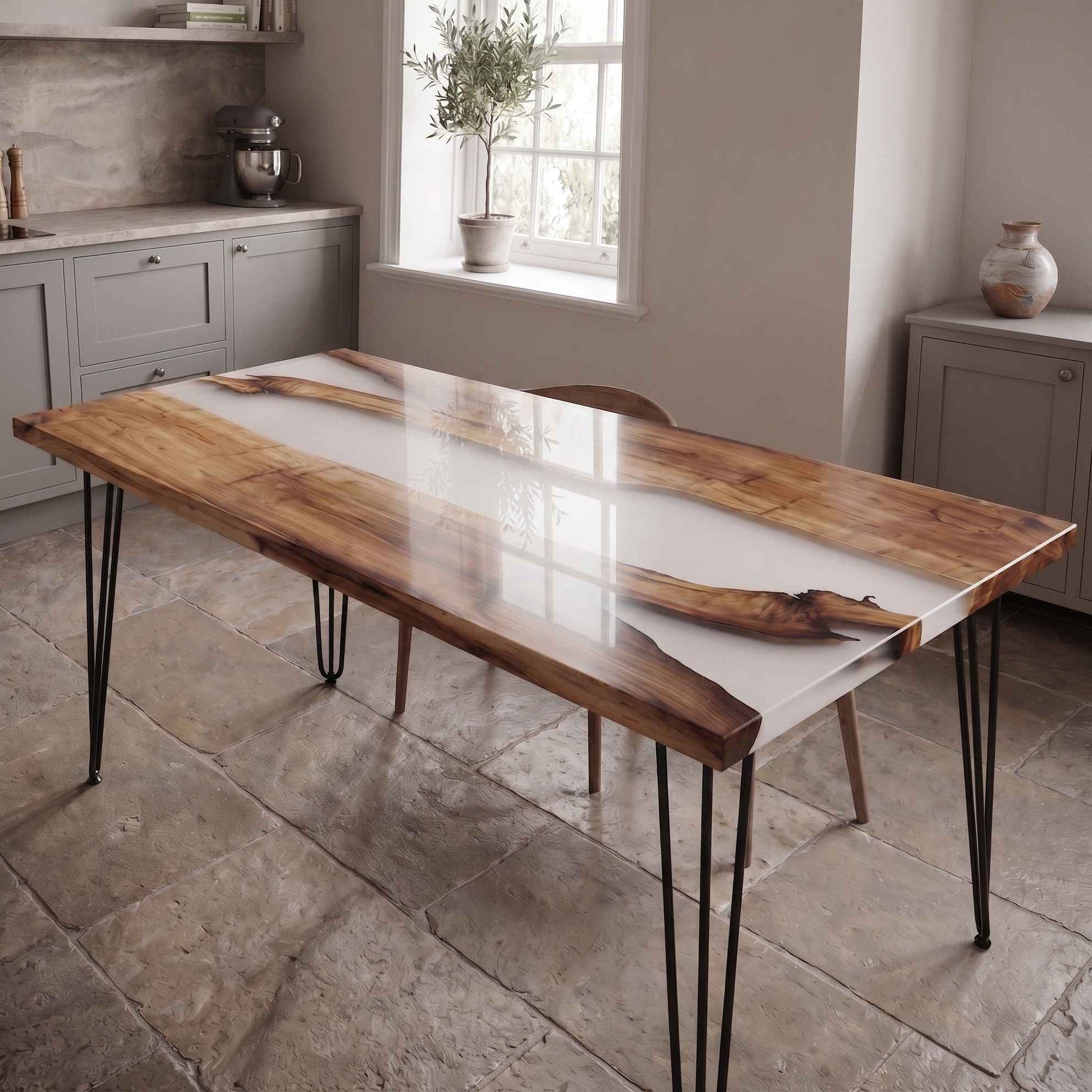 Elegante tavolo da pranzo artigianale in stile river table, realizzato con legno di acero e una luminosa colata di resina epossidica bianca opaca e trasparente effetto fumo. Il tavolo presenta gambe in metallo a forcina (hairpin legs) ed è fotografato all'interno di una luminosa cucina rustica con pavimento in pietra.
