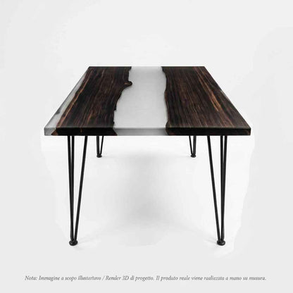 Tavolo artigianale river table in legno d'ebano e resina epossidica opaca realizzato su misura a Roma. Nota: Immagine a scopo illustrativo/Render 3D di progetto. Il prodotto reale viene realizzato a mano su misura a Roma.