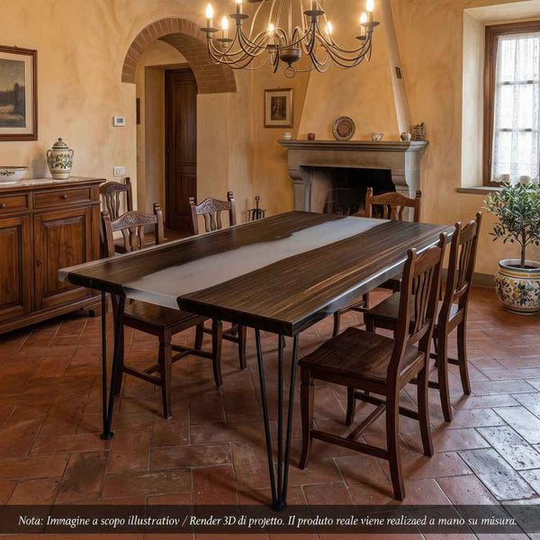 Tavolo river table artigianale in legno d'ebano e resina epossidica trasparente realizzato a Roma. L'immagine è realizzata con AI è riprende il nostro tavolo in resina realizzato per il cliente.