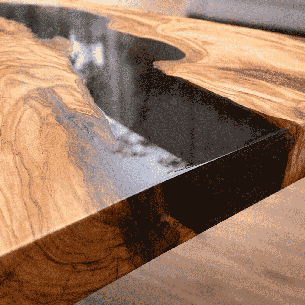 Primo piano dell'angolo e dello spessore di un tavolo in legno di ulivo con fiume centrale in resina epossidica nera e finitura lucida.